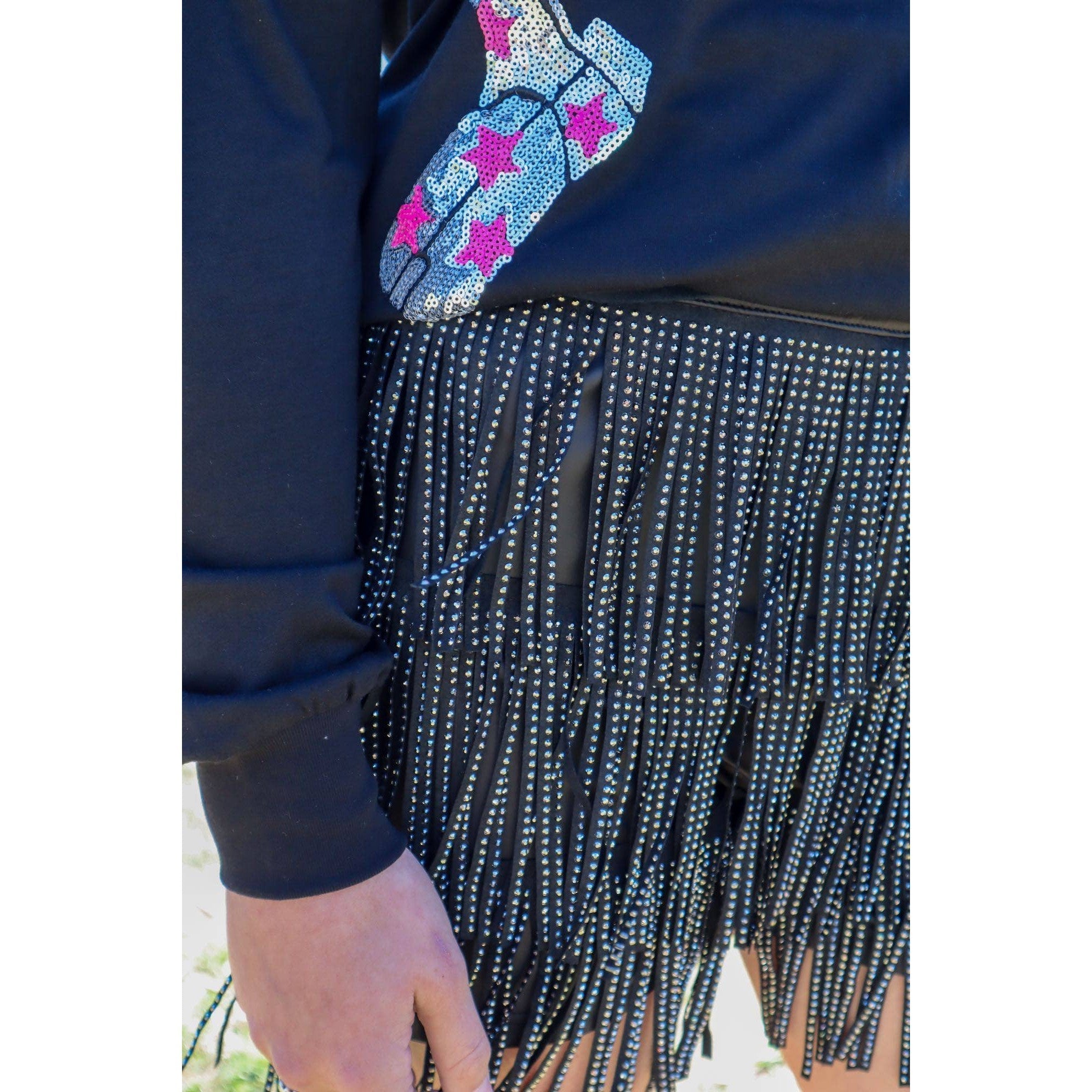 Catalena Fringe Rhinestone Skort Miniskirt Shorts in Black [Available in SM-L]