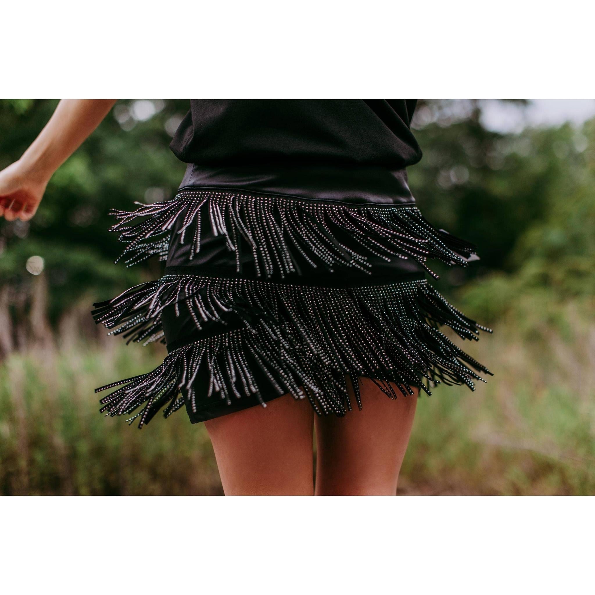Catalena Fringe Rhinestone Skort Miniskirt Shorts in Black [Available in SM-L]