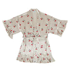 Cherries Ruffled Satin Shortie Robe - Mon Cheri Red and Ivory Wrap Belted Robe [Sizes S/MD - L/XL] by The Bullish Store