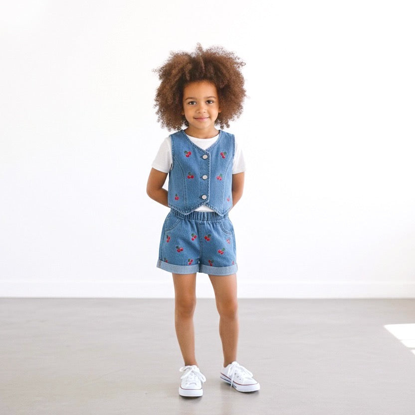 Girls' Denim Cherry Vest & Short 2pc Set