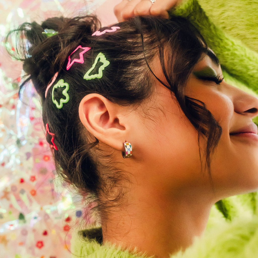 Bright Checkered Super Chunky Huggie Hoop Earrings