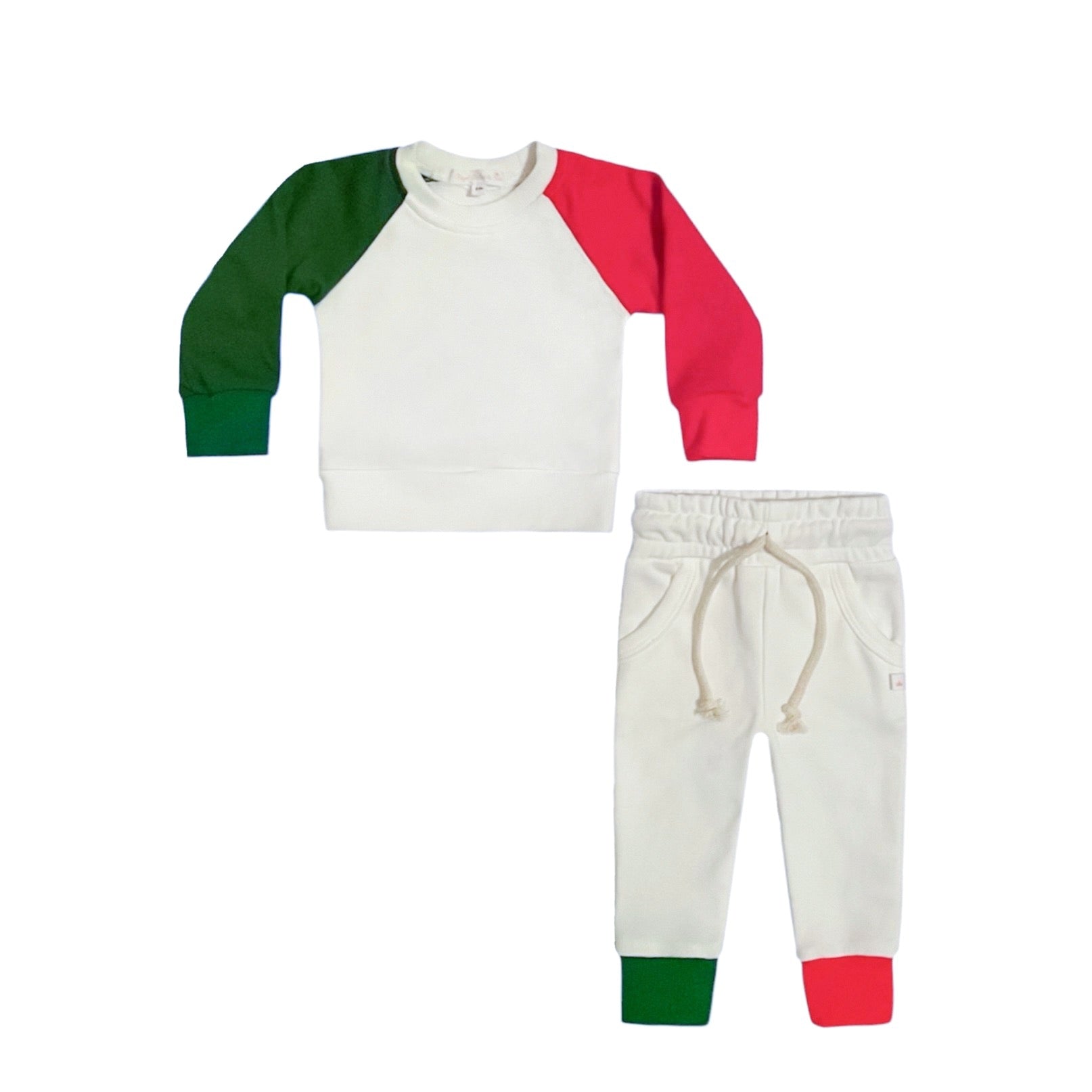White Red & Green Colorblock Crewneck Terry Sweatshirt Sweatpant 2pc Sweatsuit Set