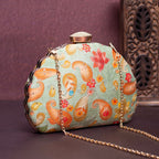 Pastel Green Floral Printed Zari Embroidery D Shaped Clutch