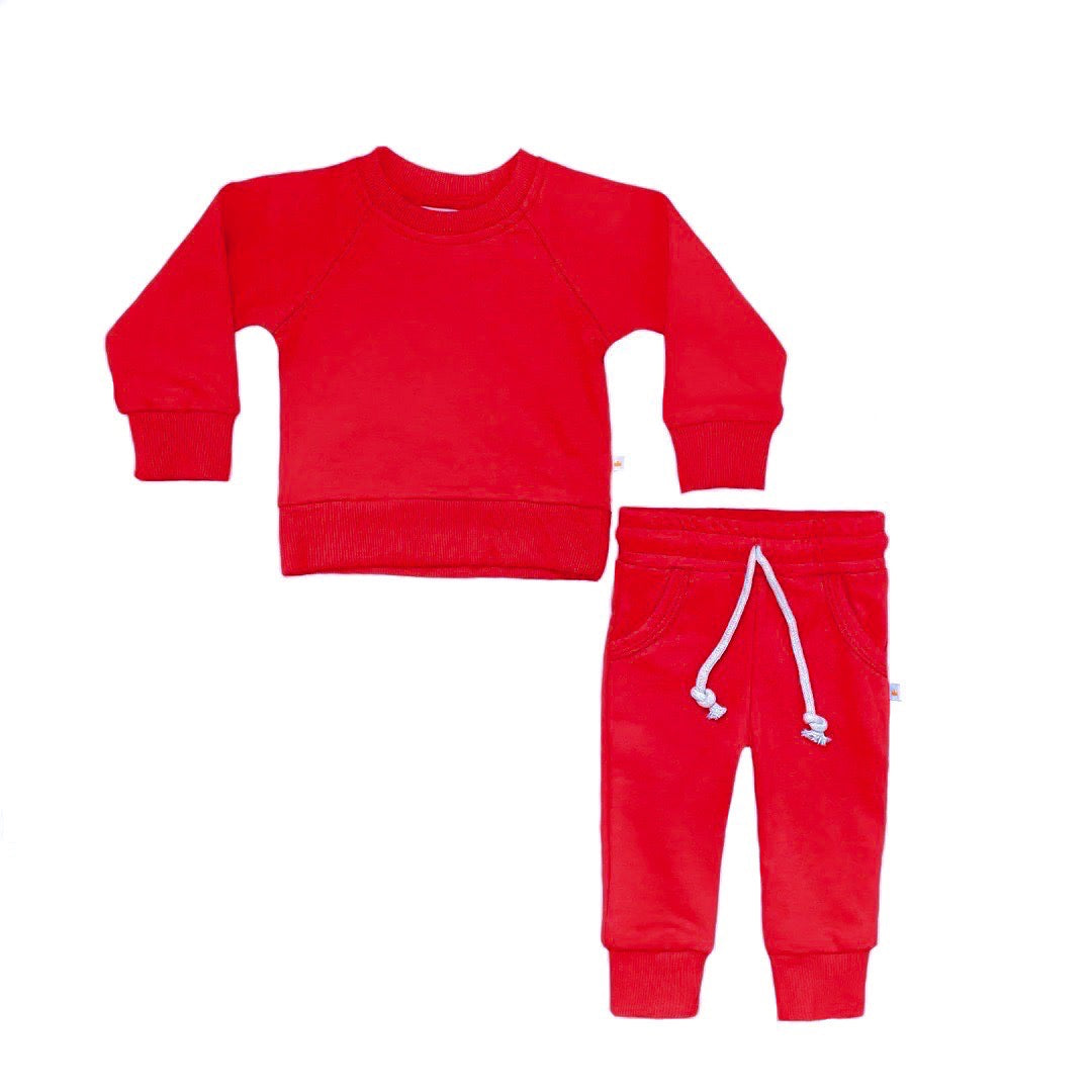 Cherry Red Crewneck Terry Sweatshirt Sweatpant 2pc Sweatsuit Set