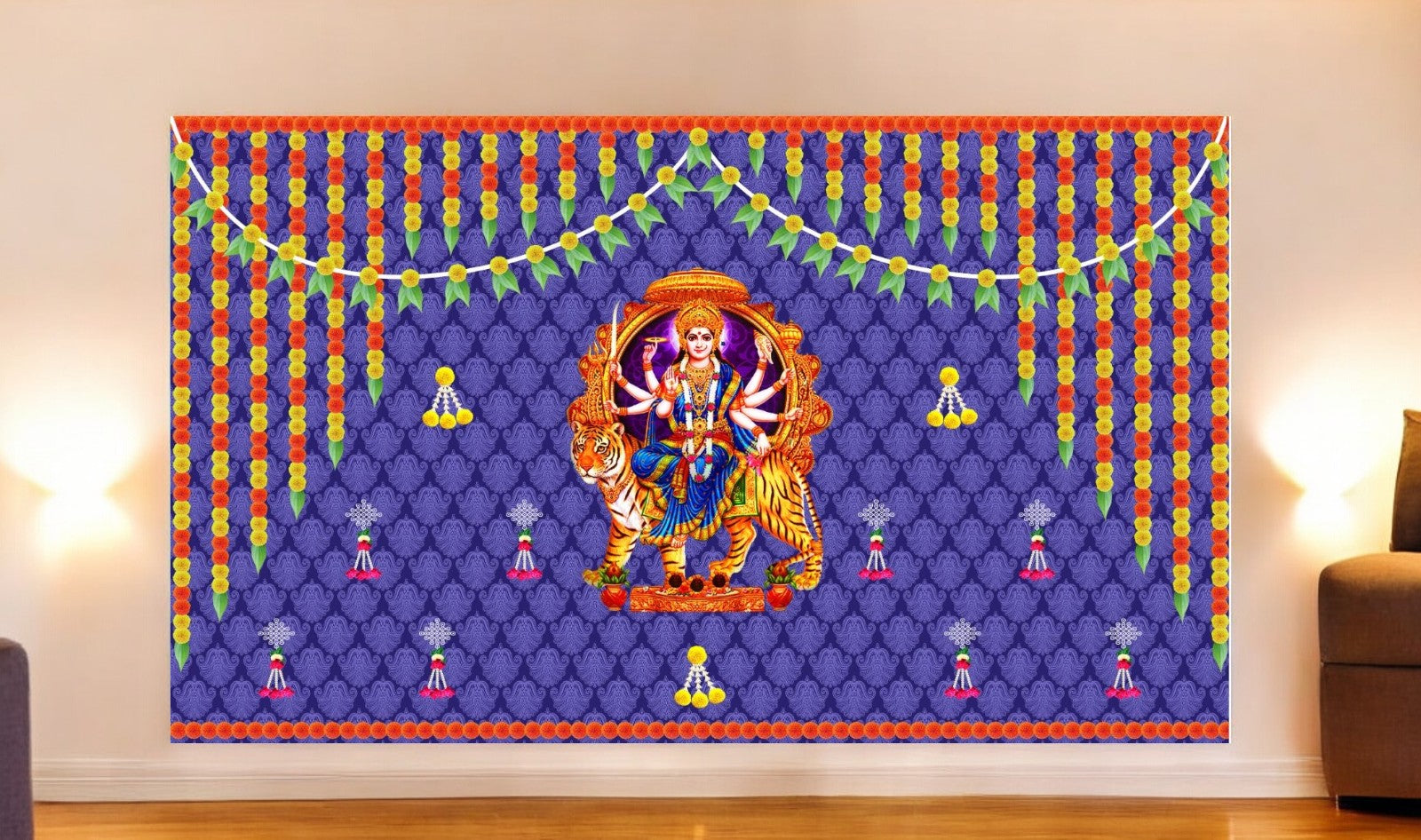 5x8 Feet Durga Fabric Reusable Backdrop Banner for Durga Pooja/Navratri (1034)