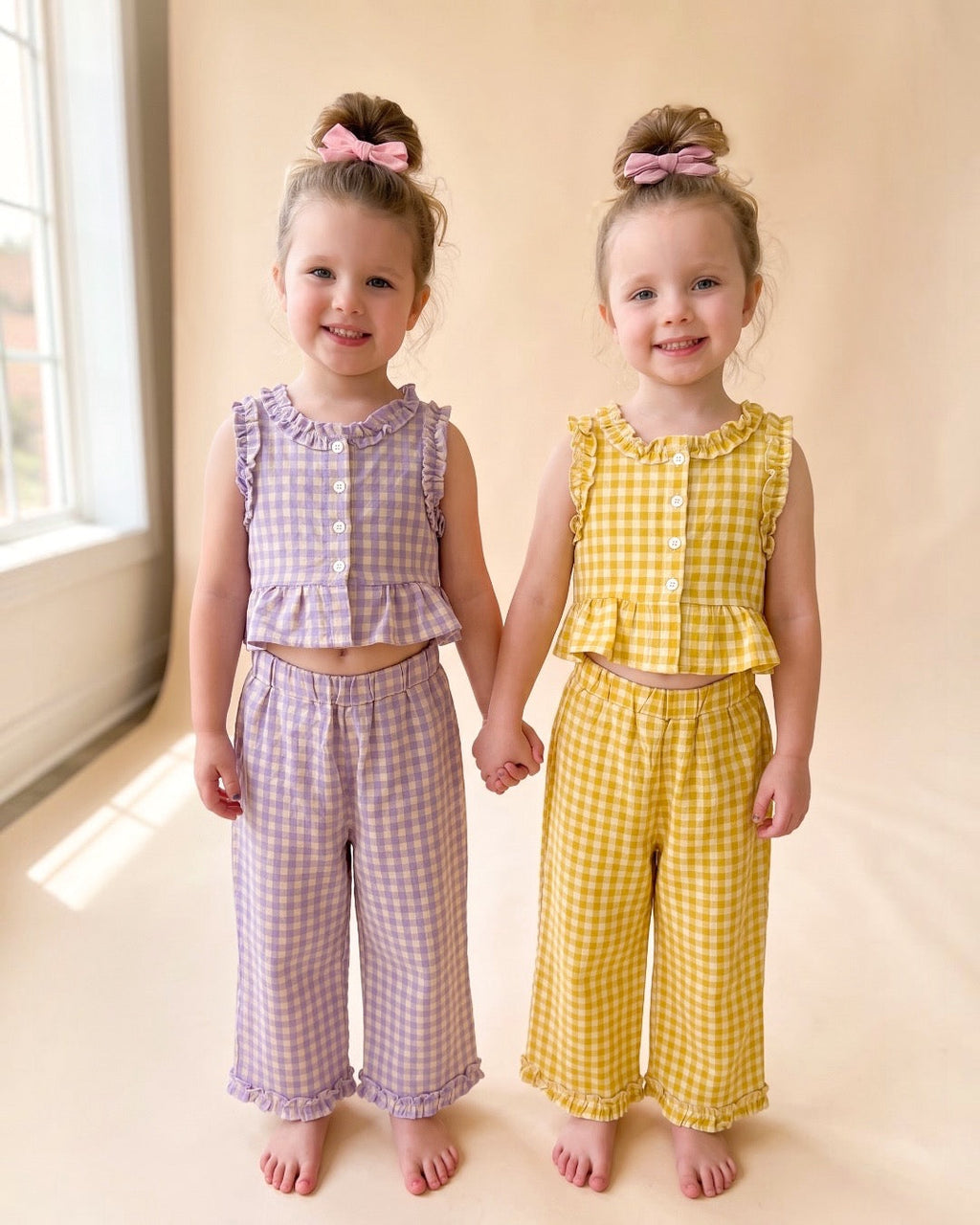 Yellow Gingham Ruffled Sleeveless Capri Set