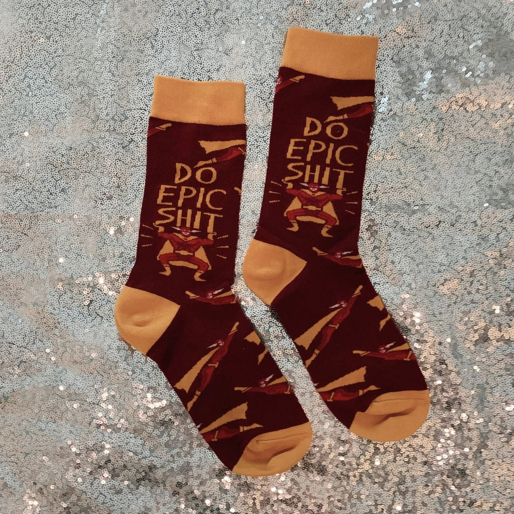 Do Epic Shit Socks | Superhero Illustration Funny Crew Socks by The Bullish Store