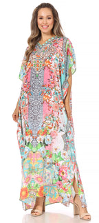 Sakkas Vicky Women's Casual Long Print Short Sleeve Petite Beach Maxi Caftan Dress - Buy One Get One Free