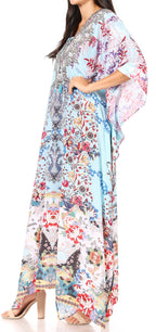 Sakkas Yeni Women's Short Sleeve V-neck Summer Floral Long Caftan Dress Cover-up