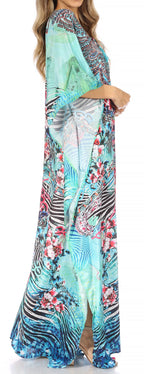 Sakkas Yeni Women's Short Sleeve V-neck Summer Floral Long Caftan Dress Cover-up