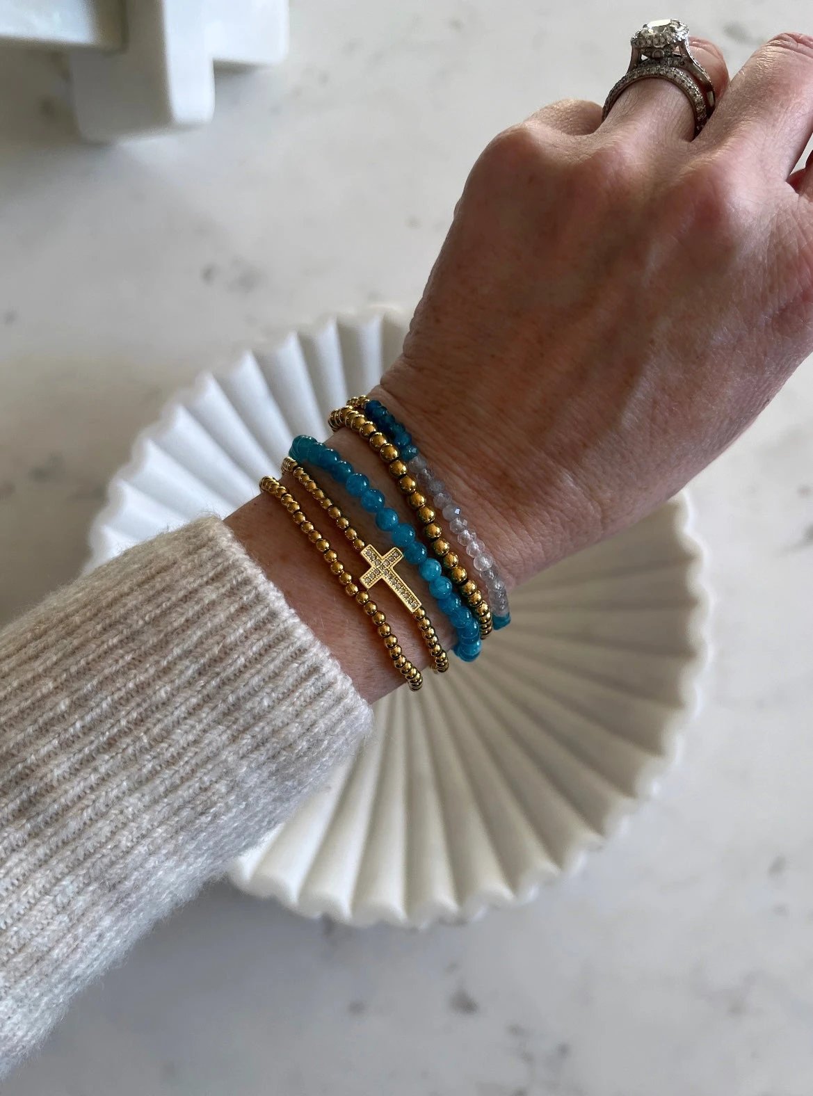 Holy Cross Blue Beaded Bracelet Stack - Set of 5 Waterproof Non-Tarnish by Curated By Suarez