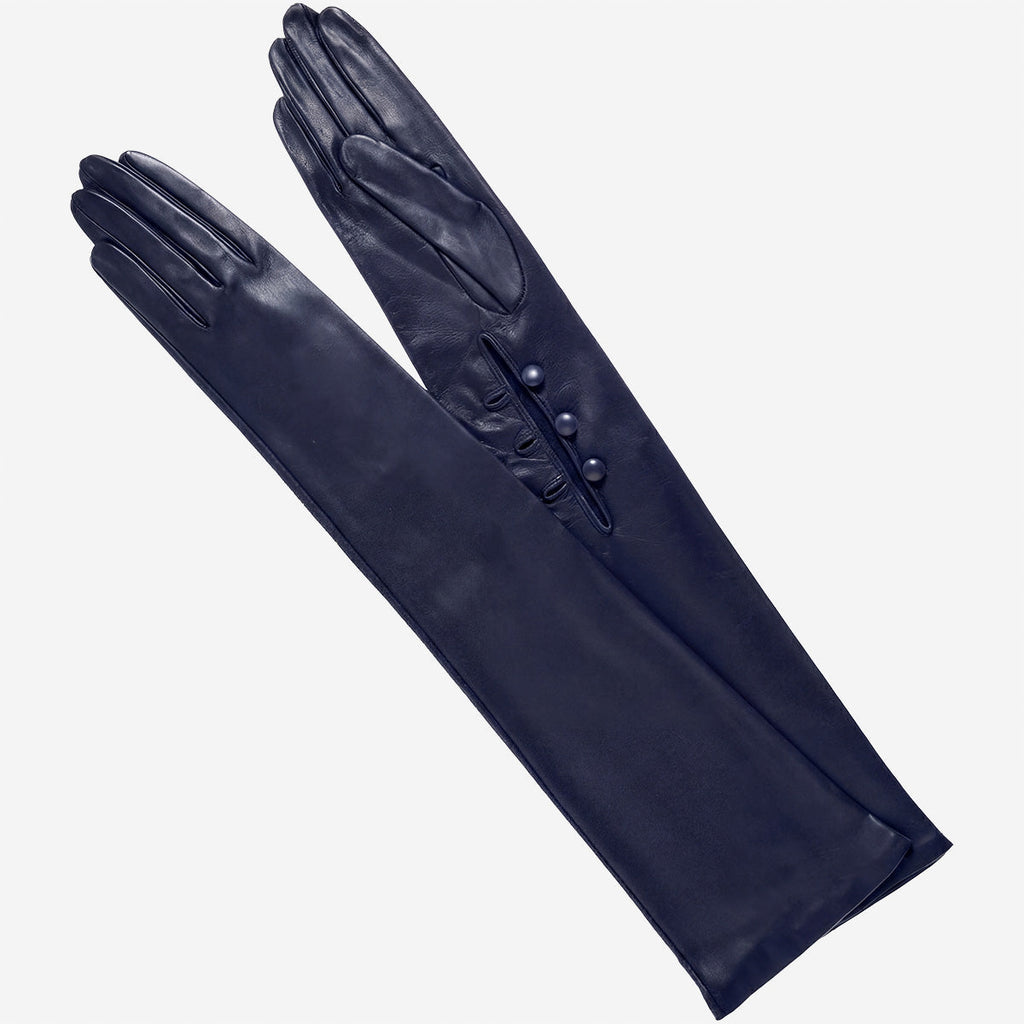 Elena (navy) - Italian silk lined 12-button length leather opera gloves