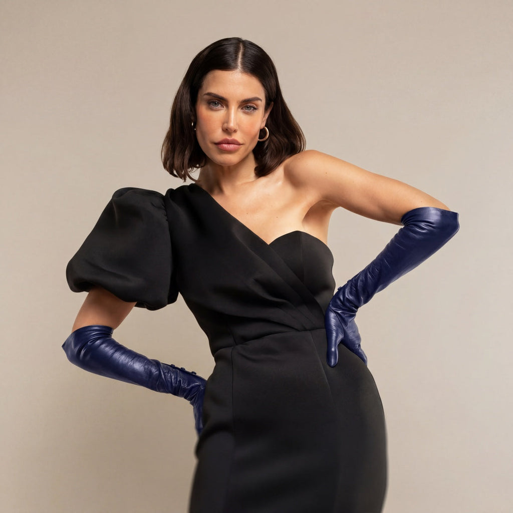 Elena (navy) - Italian silk lined 12-button length leather opera gloves