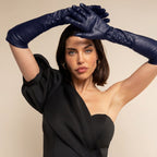 Elena (navy) - Italian silk lined 12-button length leather opera gloves