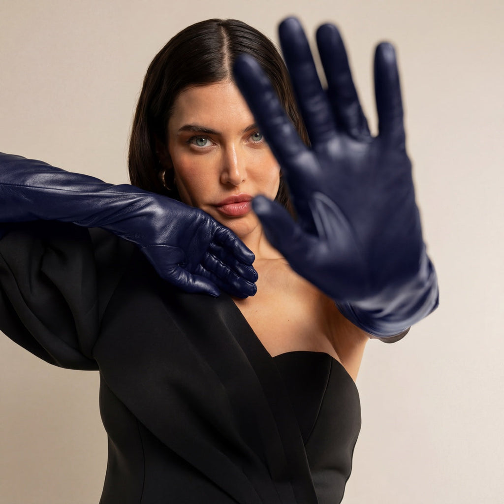 Elena (navy) - Italian silk lined 12-button length leather opera gloves