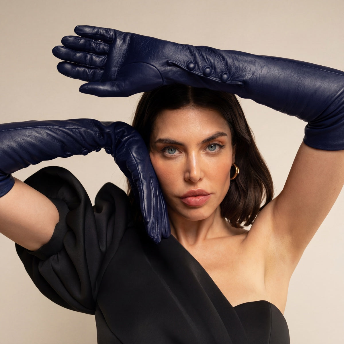Elena (navy) - Italian silk lined 12-button length leather opera gloves