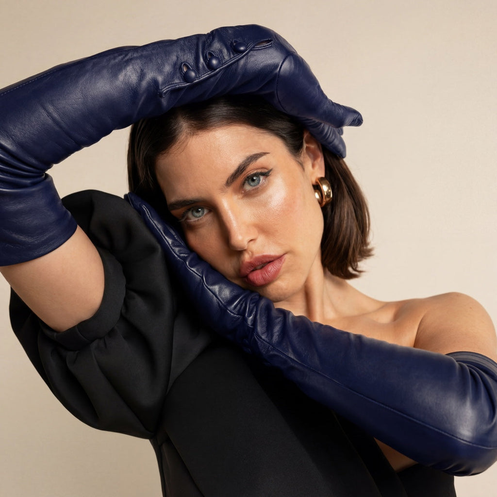 Elena (navy) - Italian silk lined 12-button length leather opera gloves