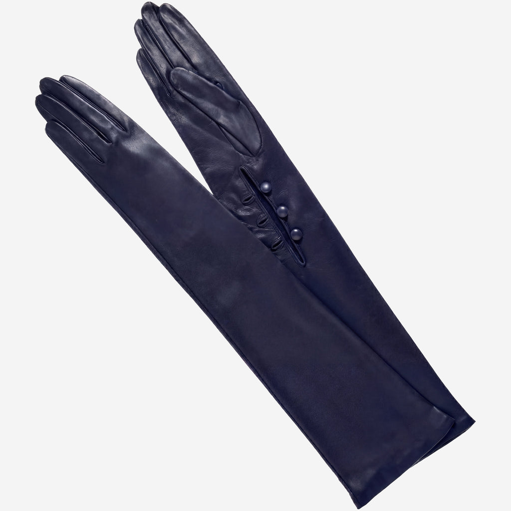 Elena (navy) - Italian silk lined 16-button length leather opera gloves