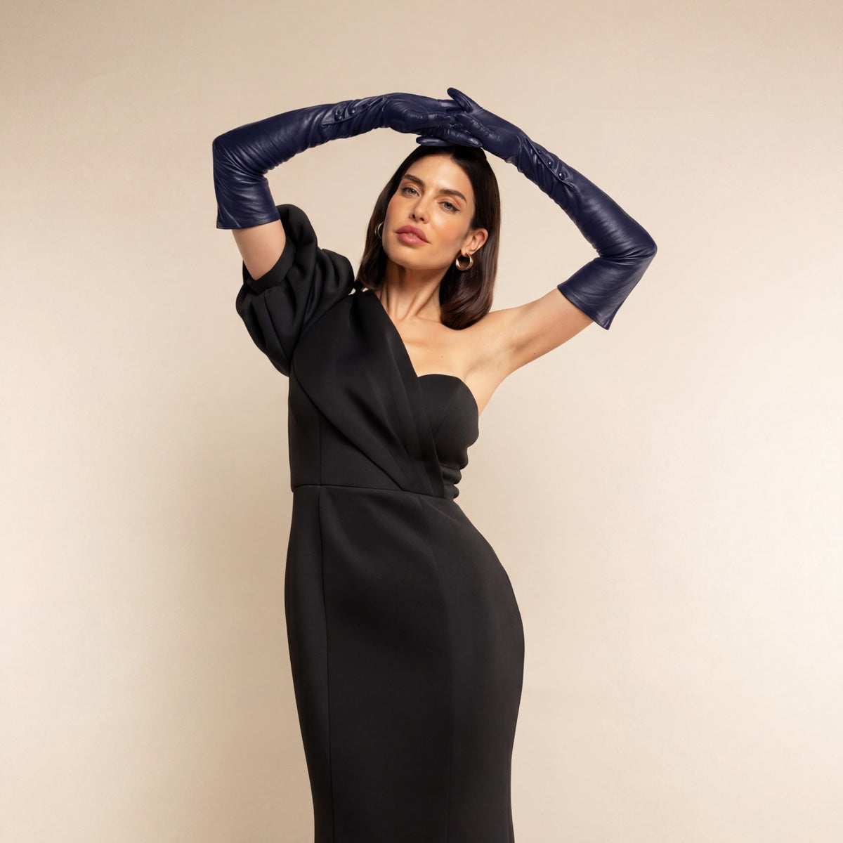 Elena (navy) - Italian silk lined 16-button length leather opera gloves