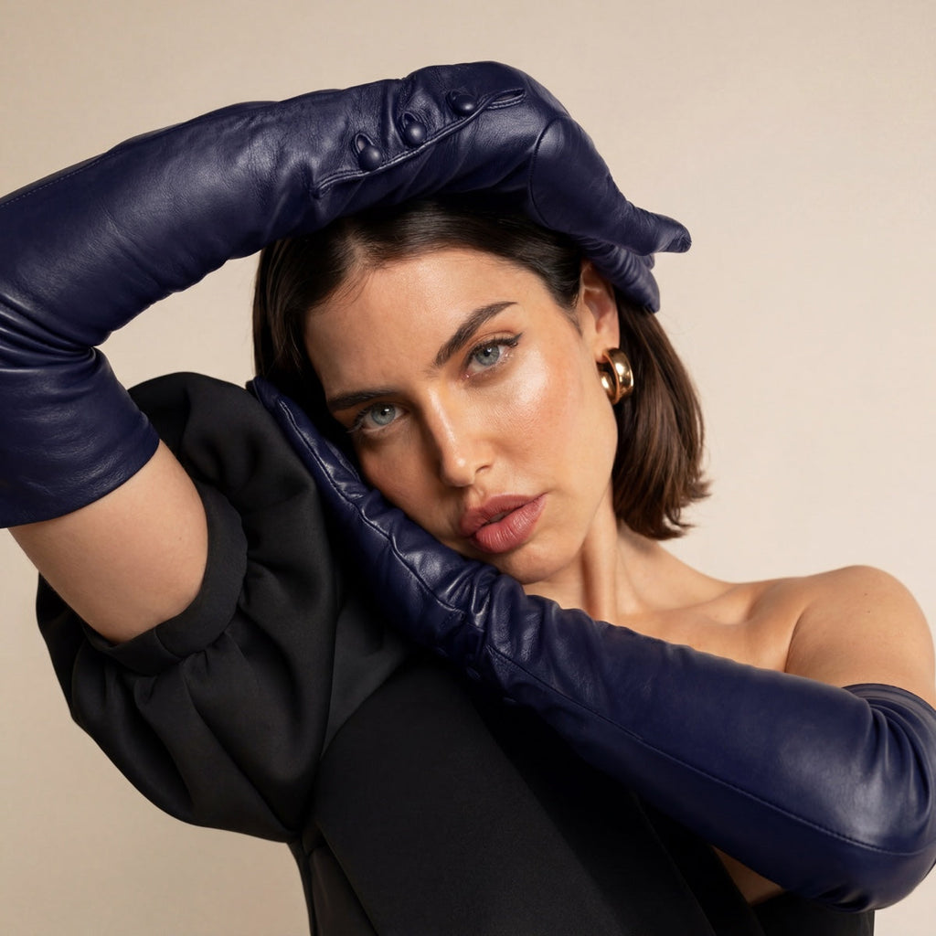 Elena (navy) - Italian silk lined 16-button length leather opera gloves