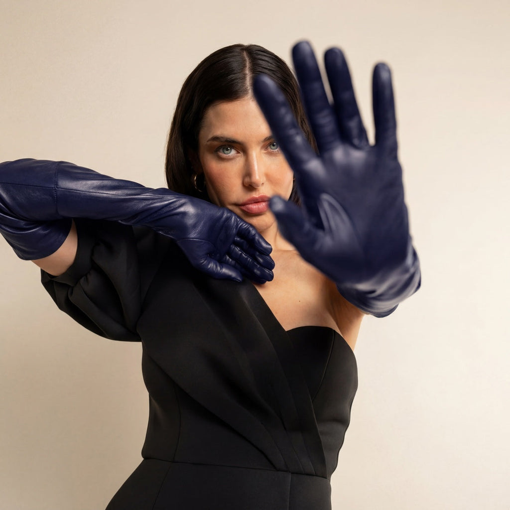 Elena (navy) - Italian silk lined 16-button length leather opera gloves
