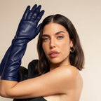Elena (navy) - Italian silk lined 8-button length leather opera gloves