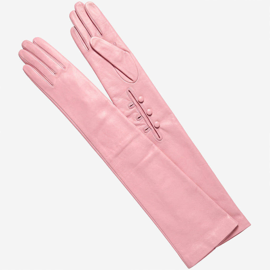Elena (pink) - Italian silk lined 12-button length leather opera gloves