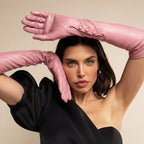 Elena (pink) - Italian silk lined 12-button length leather opera gloves