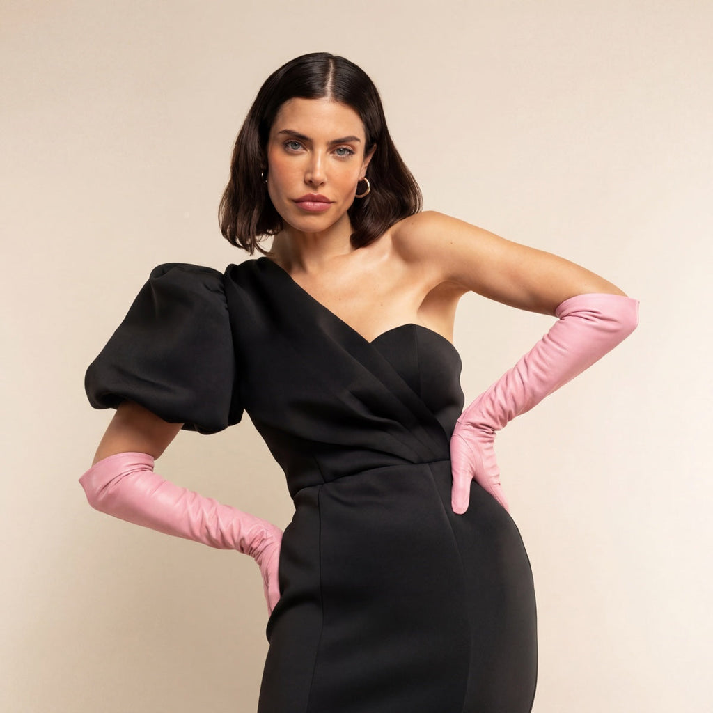 Elena (pink) - Italian silk lined 12-button length leather opera gloves