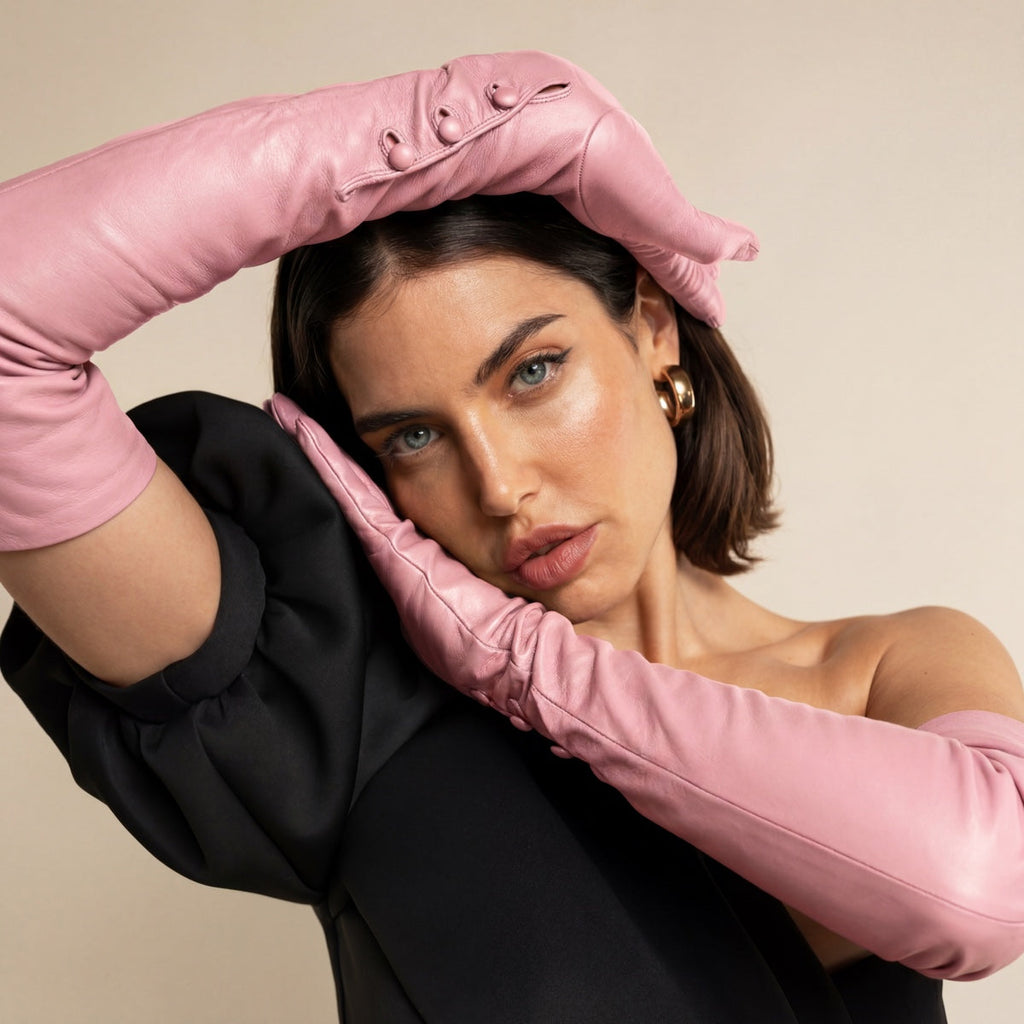 Elena (pink) - Italian silk lined 12-button length leather opera gloves