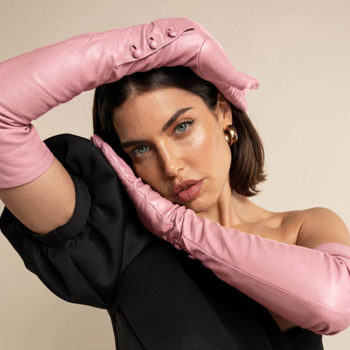 Elena (pink) - Italian silk lined 12-button length leather opera gloves