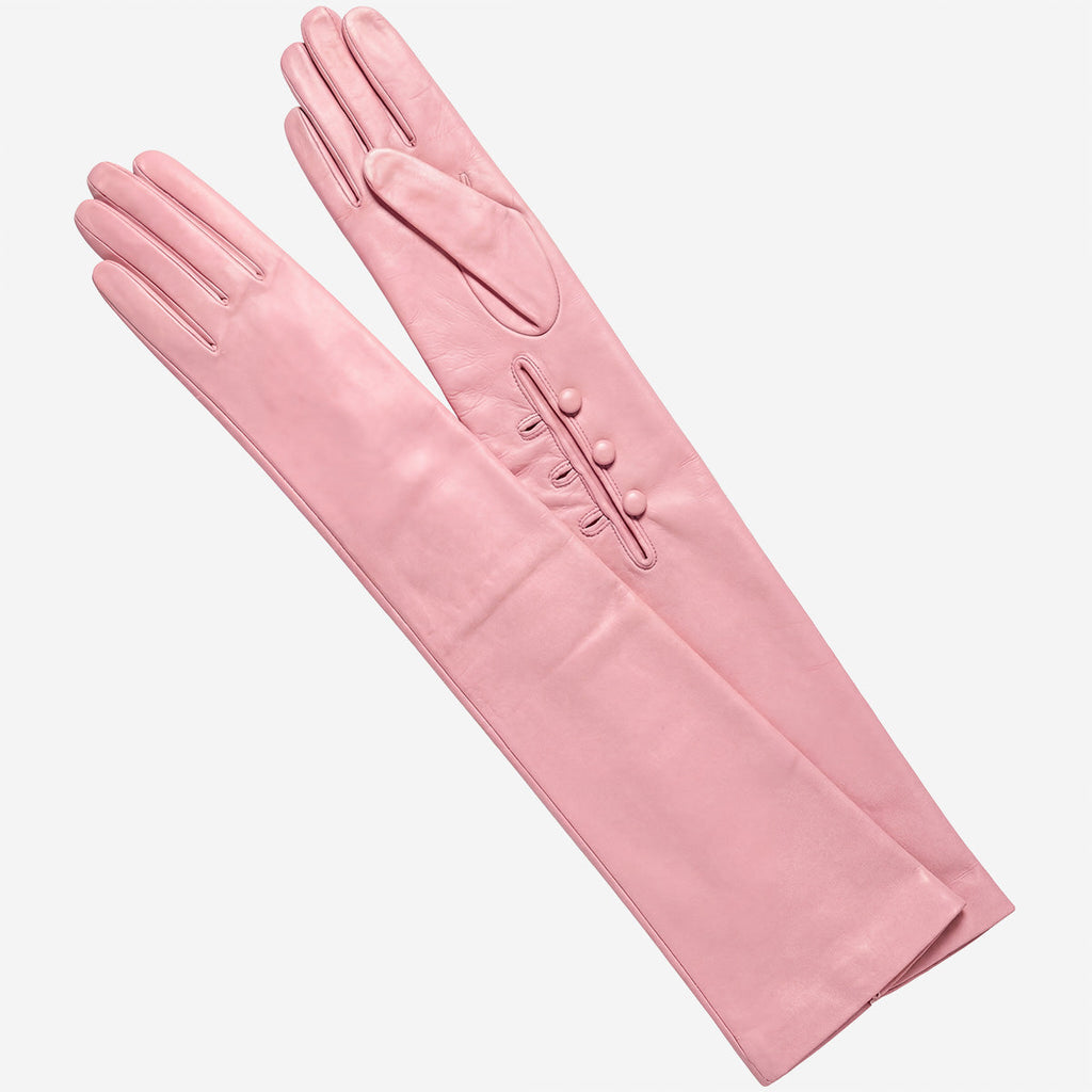 Elena (pink) - Italian silk lined 16-button length leather opera gloves