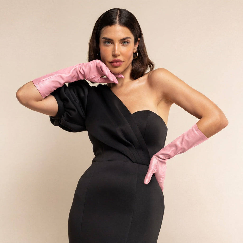 Elena (pink) - Italian silk lined 8-button length leather opera gloves