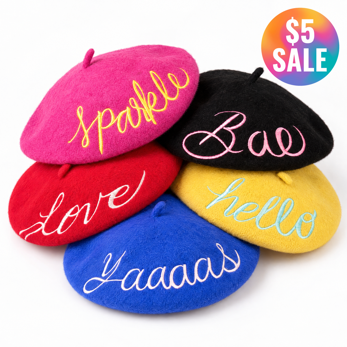 FLASH SALE: Embroidered Berets in 5 Fun Colors and Sayings | Wool and Nylon