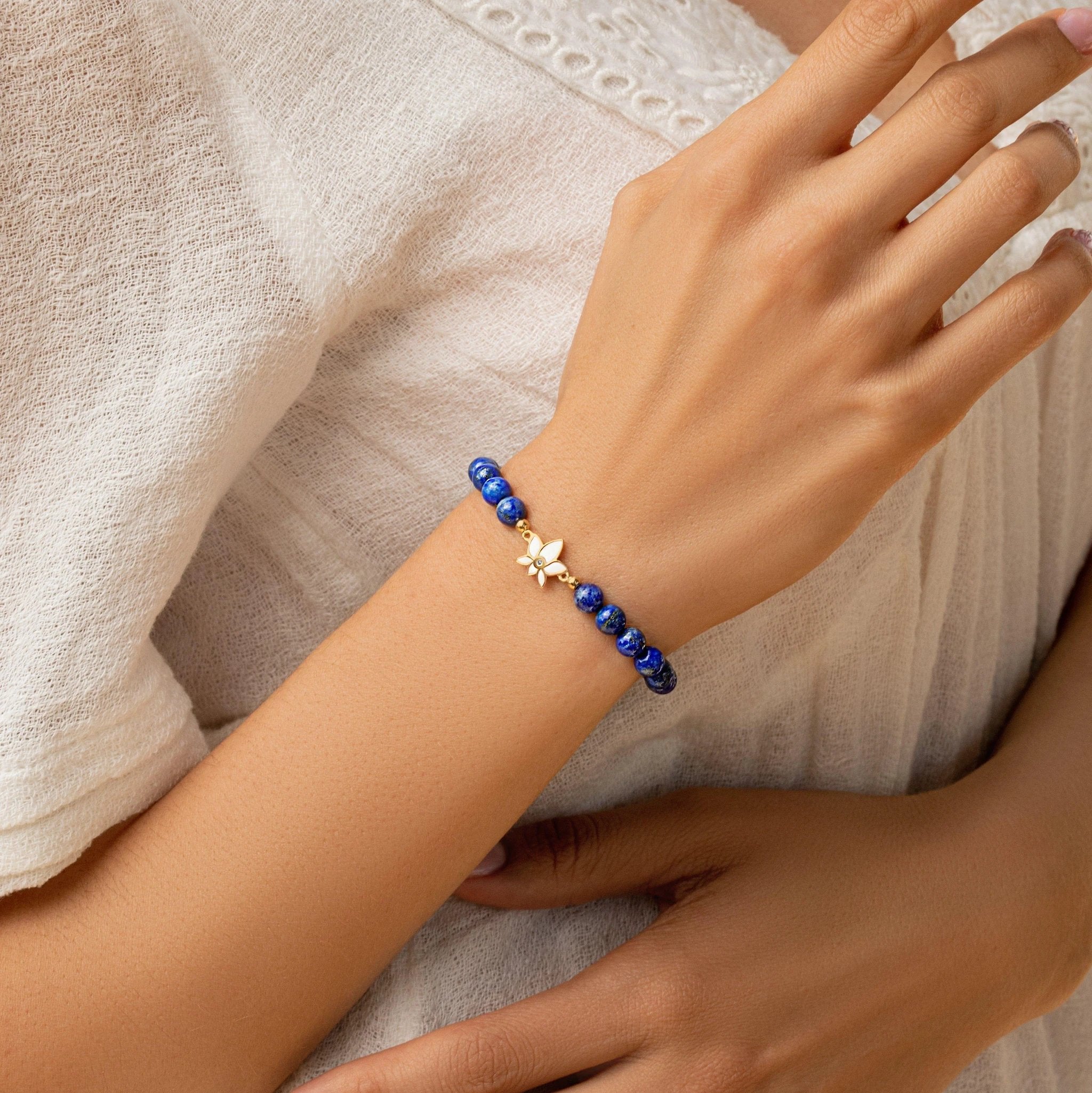 Bloom with Brilliance - Lapis Lazuli Lotus Charm Bracelet by Karma and Luck