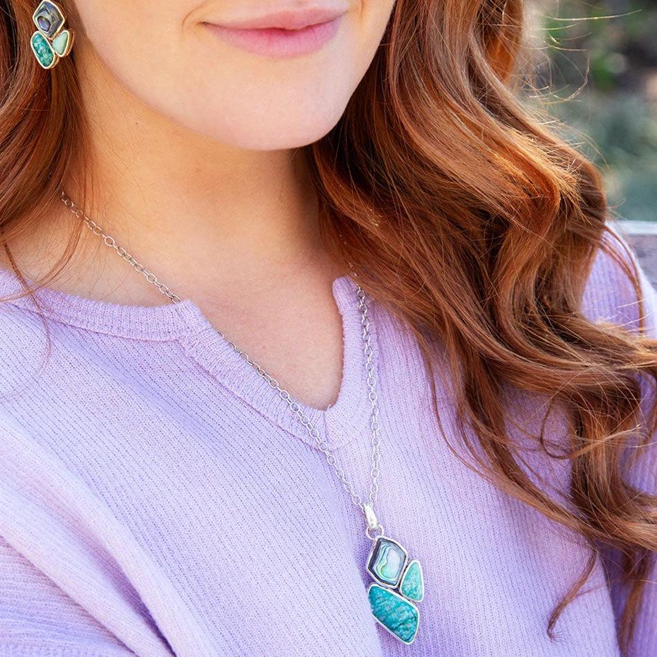Blue Abalone Fire Sterling Silver Cluster Pendant Necklace by Barse Jewelry