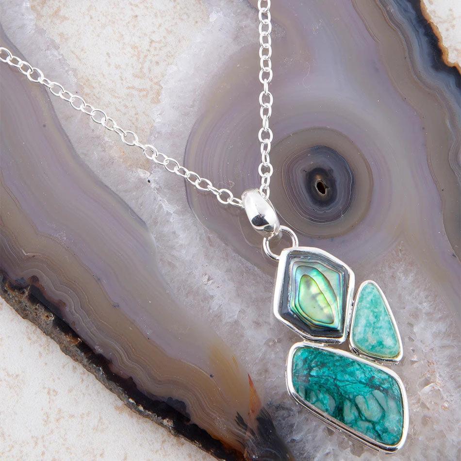 Blue Abalone Fire Sterling Silver Cluster Pendant Necklace by Barse Jewelry