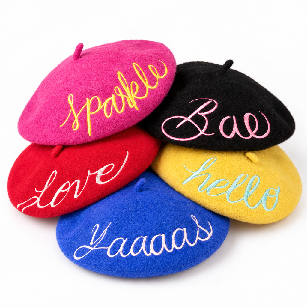 FLASH SALE: Embroidered Berets in 5 Fun Colors and Sayings | Wool and Nylon