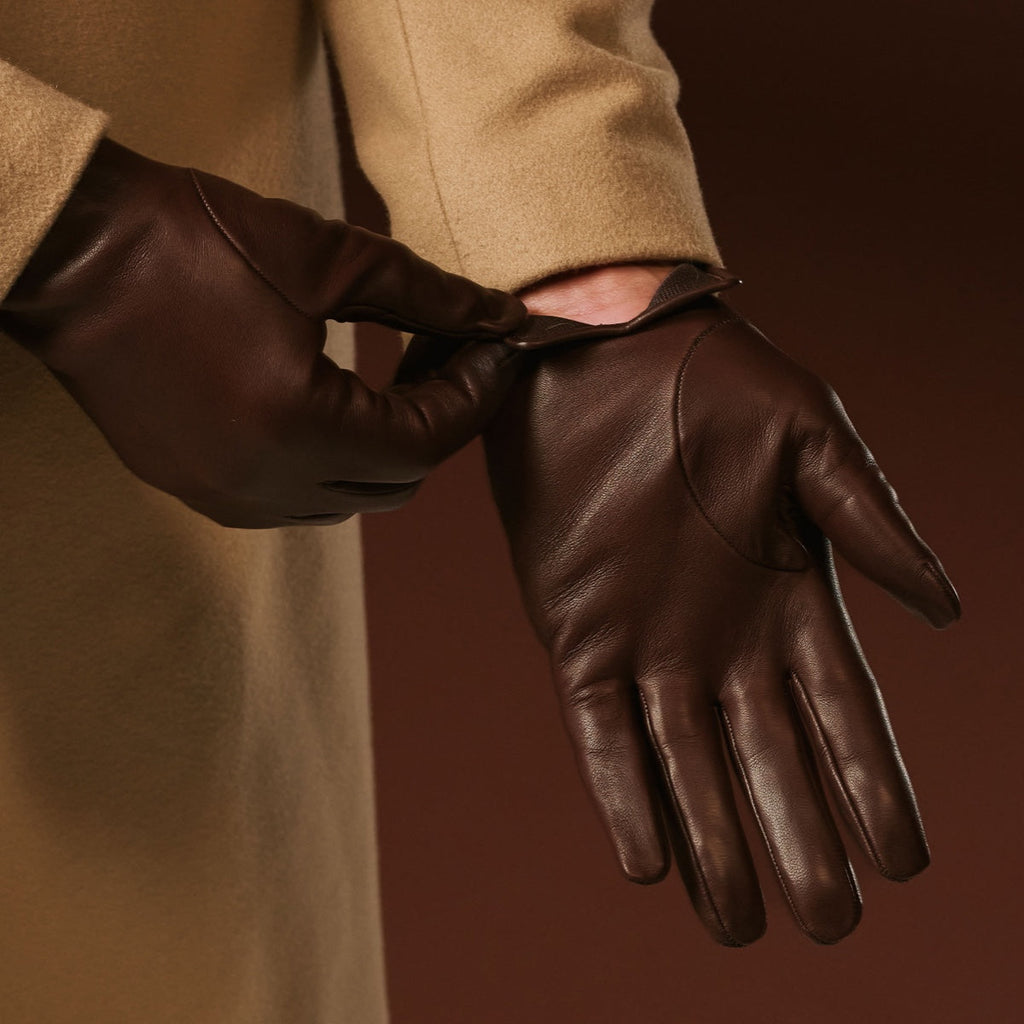 Fabio (brown) - Men's classic Italian lambskin leather gloves with pure silk lining