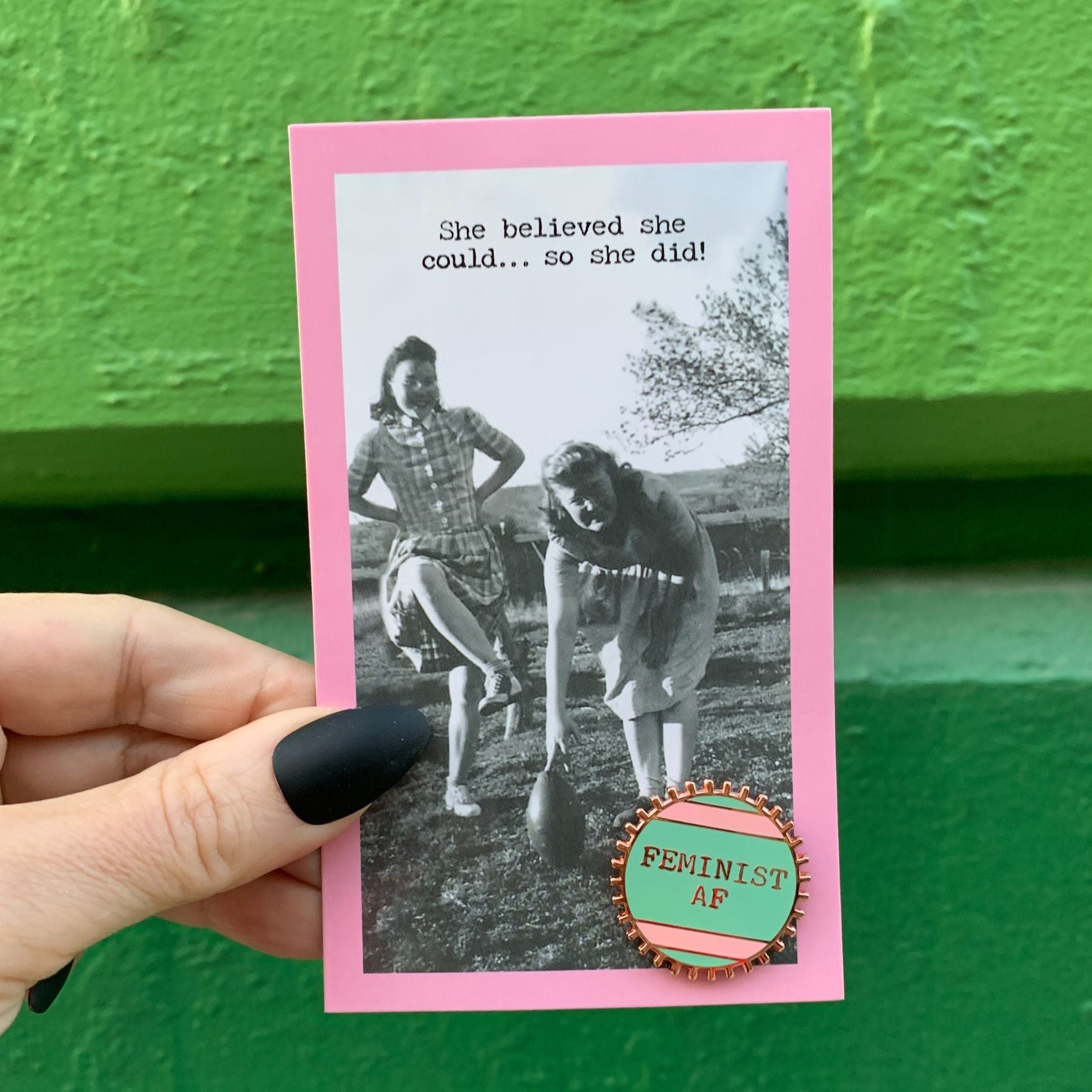 Feminist AF Pink and Green Stripes Enamel Pin on Gift Card