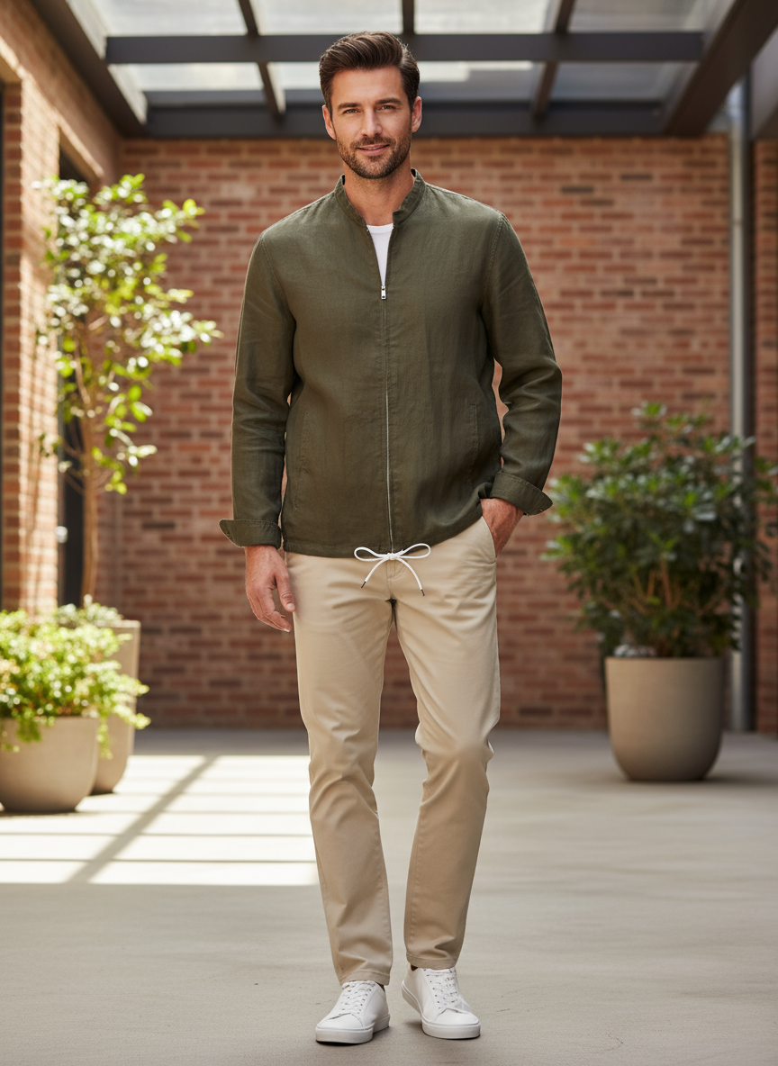 Men's 100% Linen Casual Zip Up Jacket