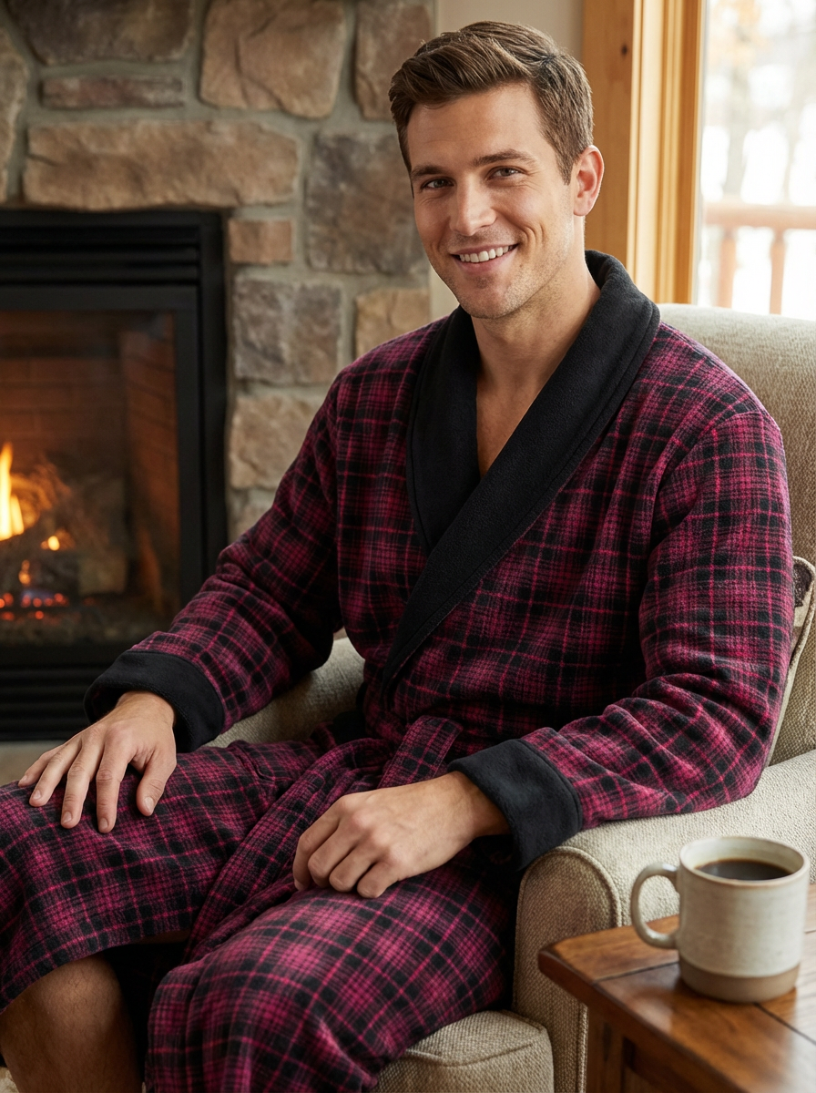 Men's Premium 100% Cotton Flannel Fleece Lined Robe