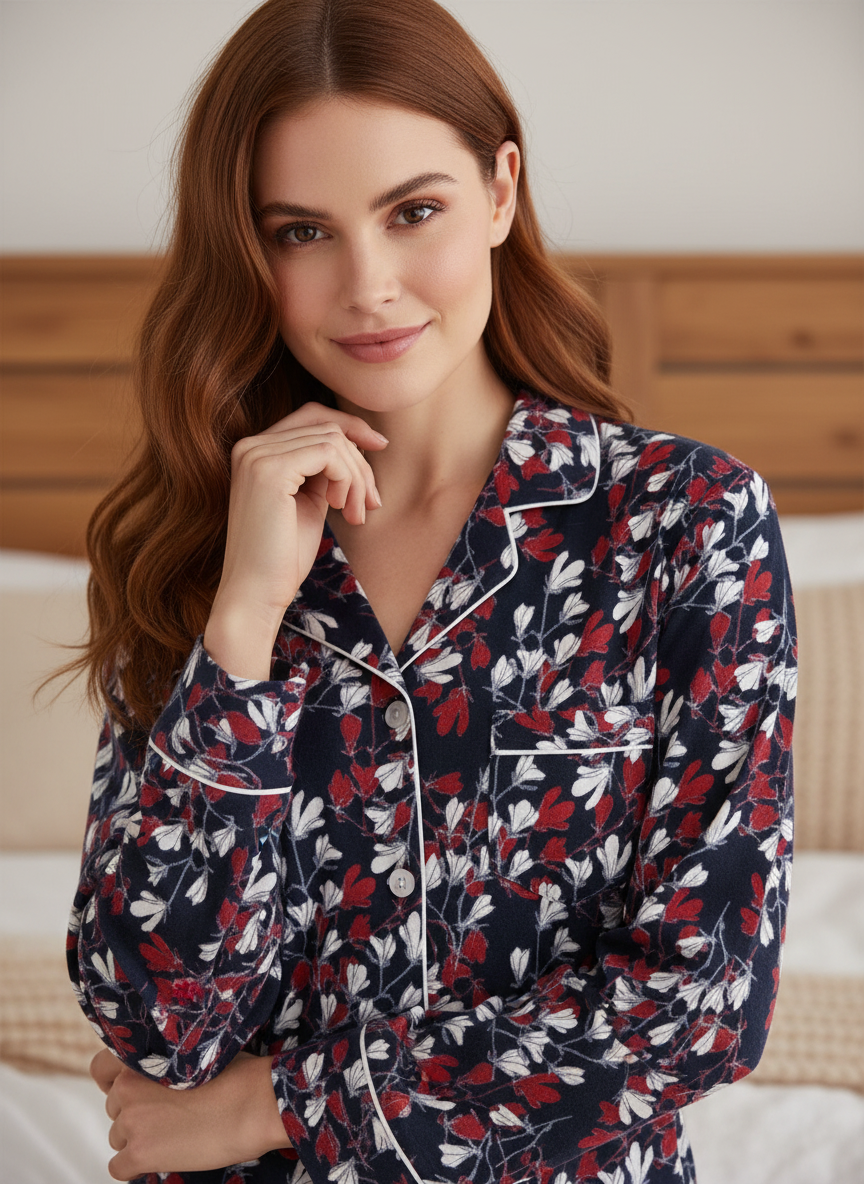 Flannel People Women Pajamas Set - 100% Cotton Flannel Pajamas Women Warm PJs Set - Magnolia - Navy-Red