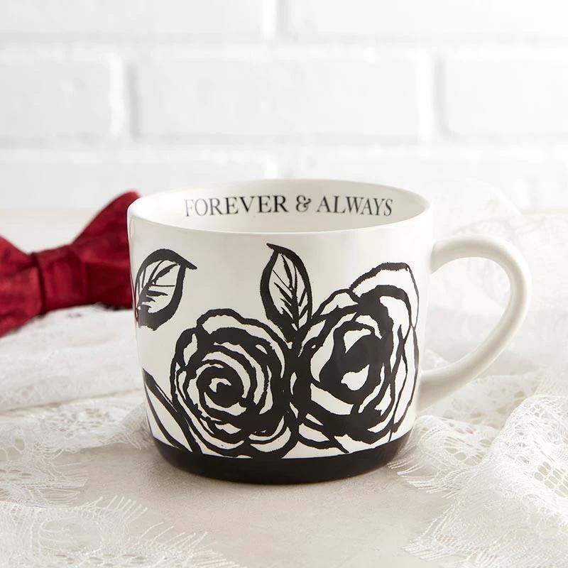 Forever & Always Mug in White with Black Floral Artwork | Giftable Coffee Tea Cup | 15oz by The Bullish Store