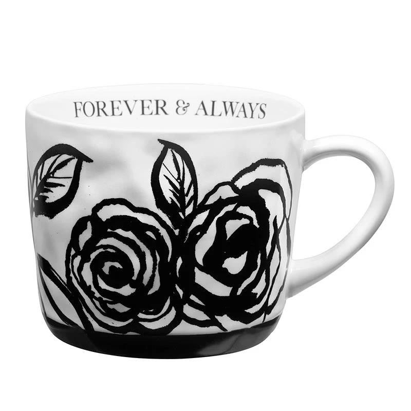 Forever & Always Mug in White with Black Floral Artwork | Giftable Coffee Tea Cup | 15oz by The Bullish Store