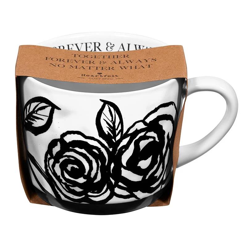Forever & Always Mug in White with Black Floral Artwork | Giftable Coffee Tea Cup | 15oz by The Bullish Store