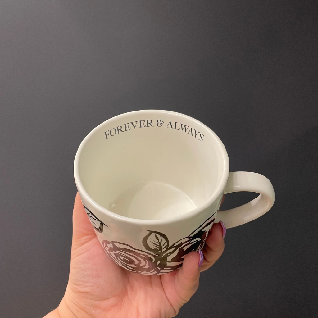 Forever & Always Mug in White with Black Floral Artwork | Giftable Coffee Tea Cup | 15oz by The Bullish Store