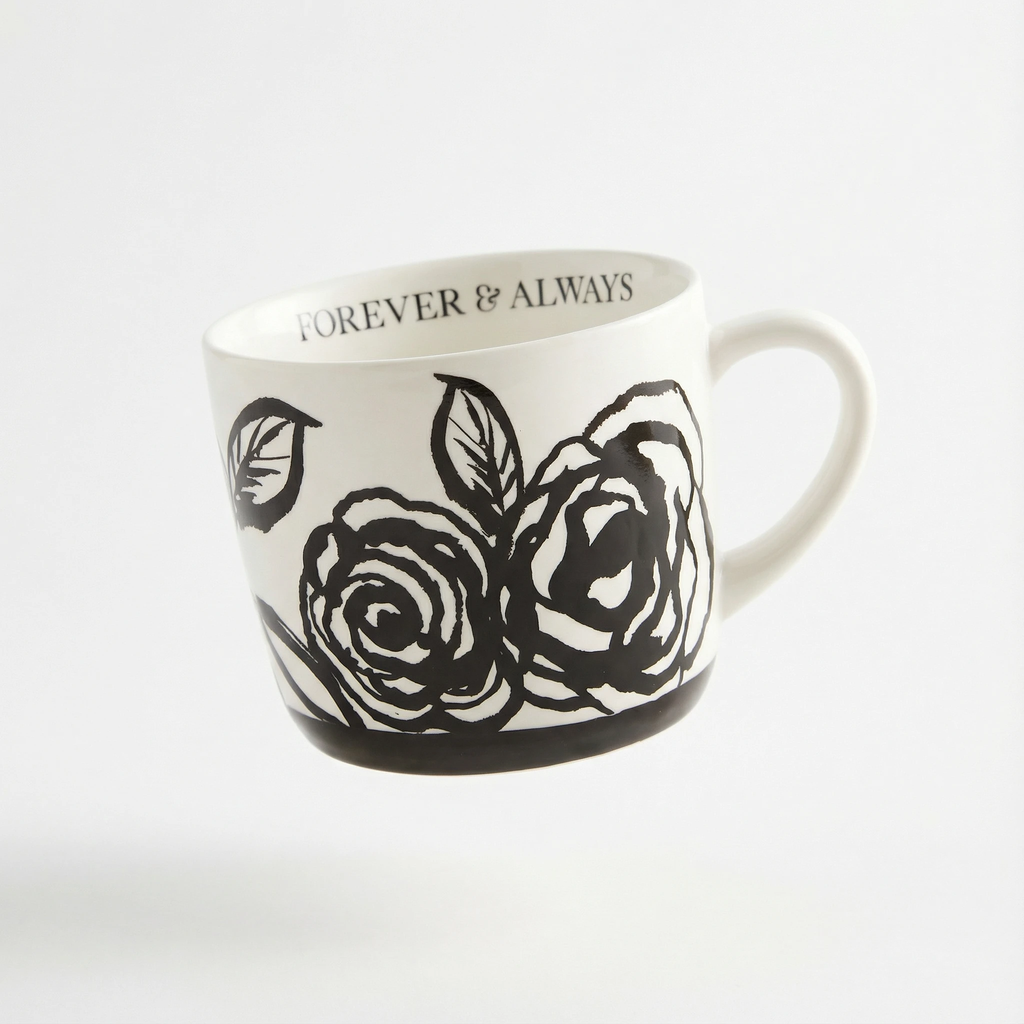 Forever & Always Mug in White with Black Floral Artwork | Giftable Coffee Tea Cup | 15oz by The Bullish Store