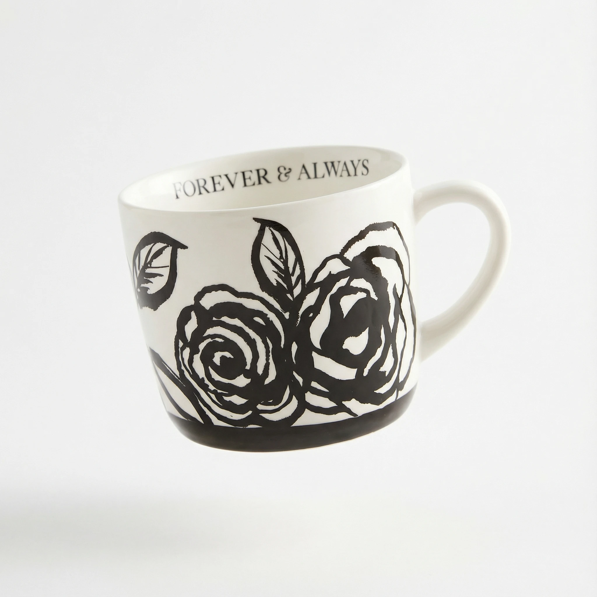 Forever & Always Mug in White with Black Floral Artwork | Giftable Coffee Tea Cup | 15oz by The Bullish Store