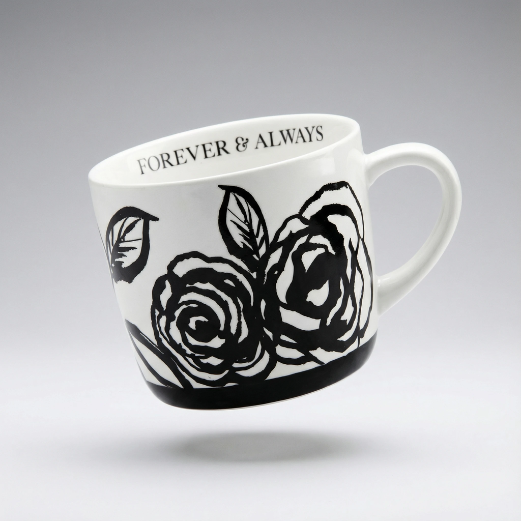 Forever & Always Mug in White with Black Floral Artwork | Giftable Coffee Tea Cup | 15oz by The Bullish Store